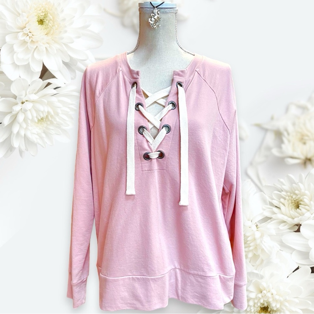 ANA V-neck Light Pink Sweatshirt with Thick Football Ties Laces ~ Size Large